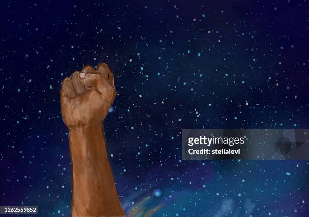 raised fist against night sky. social justice protest, demonstration. - anti racism stock illustrations
