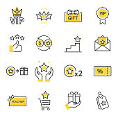Royalty program line icon set. Included icons as member, VIP, Exclusive, Reward, Voucher, High level, Gift Cards, Coupon, outline icons set, Simple Symbol, Badge, Sign. Flat Vector thin line Icon