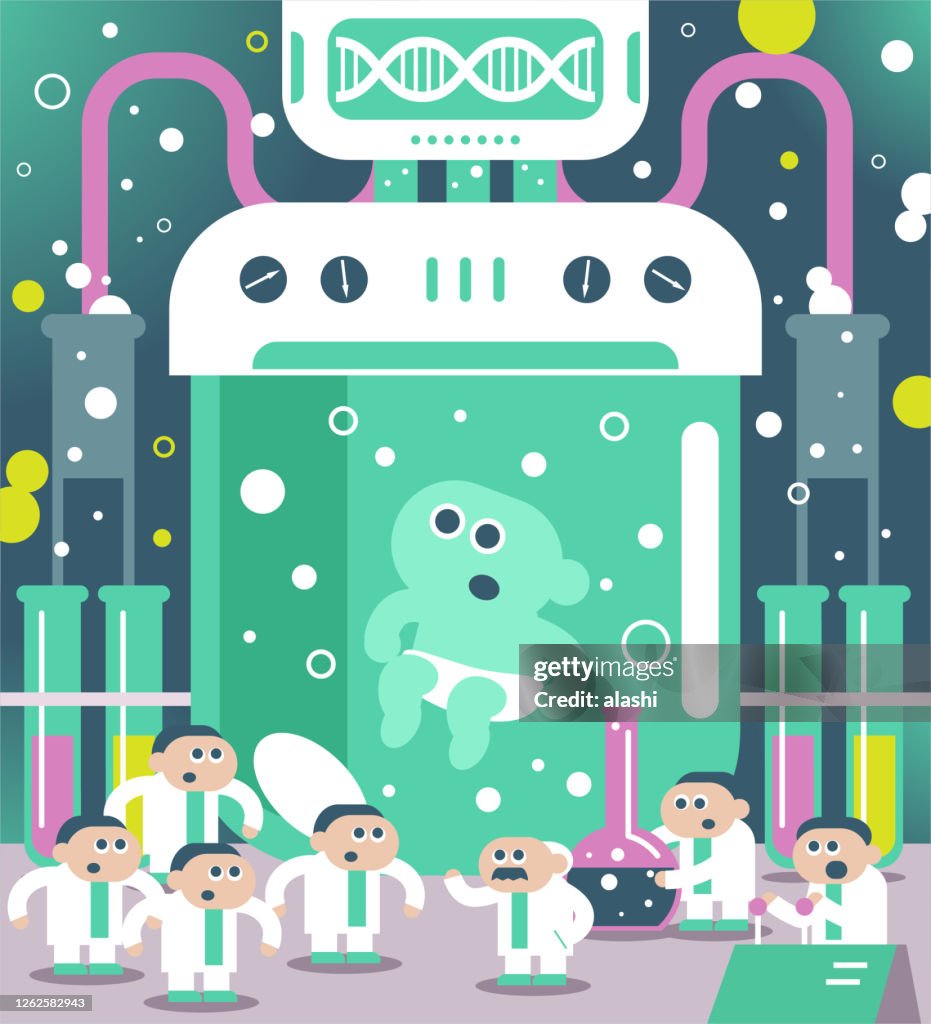 Scientist (engineer, doctor, biochemist) team creating a designer baby in laboratory. Genetic engineering, genetic modification, GMO and gene manipulation concept