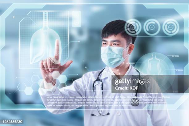 medicine doctor is analyzing coronavirus covid-19 via technology virtual reality interactive, male doctor is medical examining patient infectious disease corona-virus covid19 on futuristic hud-graphical user interface in laboratory. healthcare and medicin - infectious disease contact diagram stock pictures, royalty-free photos & images