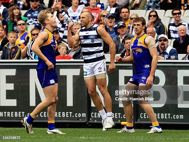 James Podsiadly of the Cats celebrates a goal during the second preliminary final match between the Geelong Cats and the West Coast Eagles at...