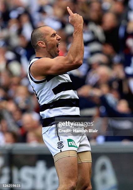 James Podsiadly of the Cats celebrates a goal during the second preliminary final match between the Geelong Cats and the West Coast Eagles at...