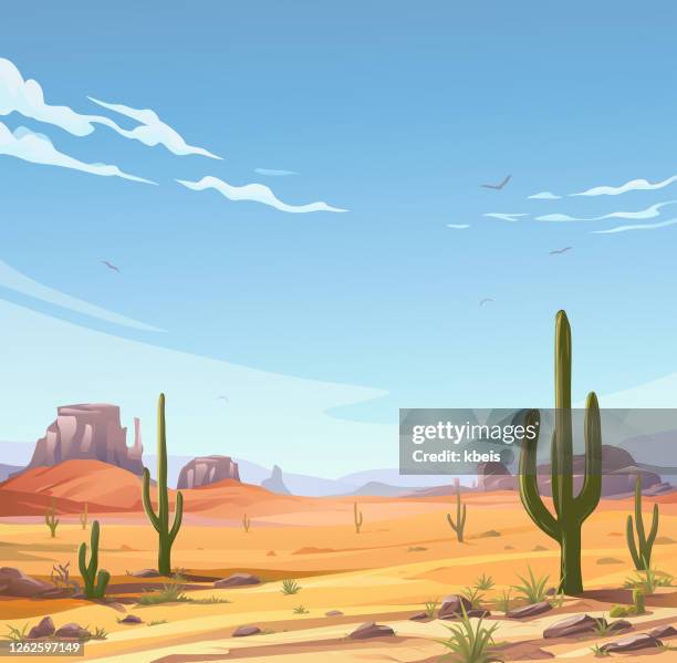 illustrazioni stock, clip art, cartoni animati e icone di tendenza di scena idilliaca nel deserto - piante grasse