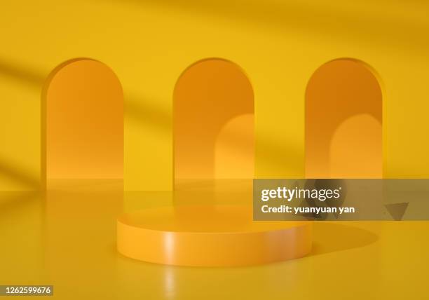 3d rendering exhibition background - yellow door stock pictures, royalty-free photos & images