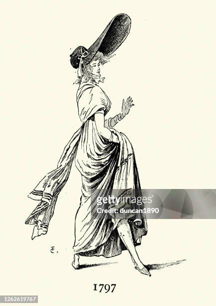 stockillustraties, clipart, cartoons en iconen met womens mode van french directory, grote brimmed motorkap, 18e eeuw - hoed met rand