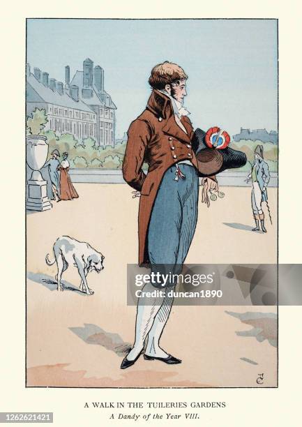dandy walking his dog in tuileries gardens, early 19th century - jardin des tuileries stock illustrations