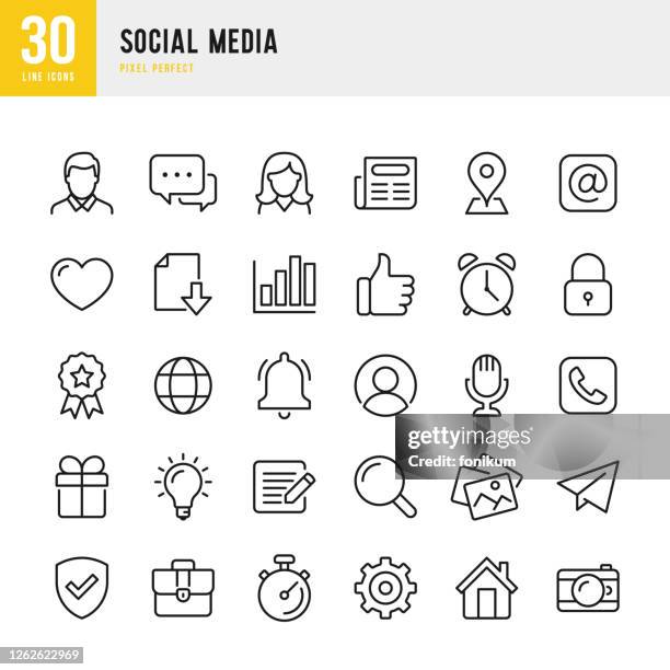 ilustrações, clipart, desenhos animados e ícones de social media - conjunto de ícones vetoriais de linha fina. pixel perfeito. o conjunto contém ícones: homens, mulheres, e-mail, bolha de fala, telefone, notícias, forma do coração, localização, mensagem, sino, presente, download, bloqueio. - equipamento fotográfico