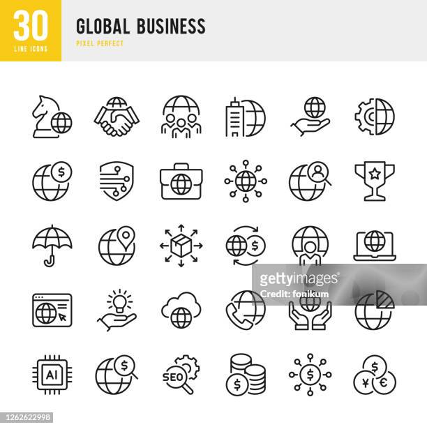 global business - thin line vector icon set. pixel perfect. the set contains icons: global business, partnership, headquarters, business strategy, logistic, worldwide payments, cooperation. - trust stock illustrations