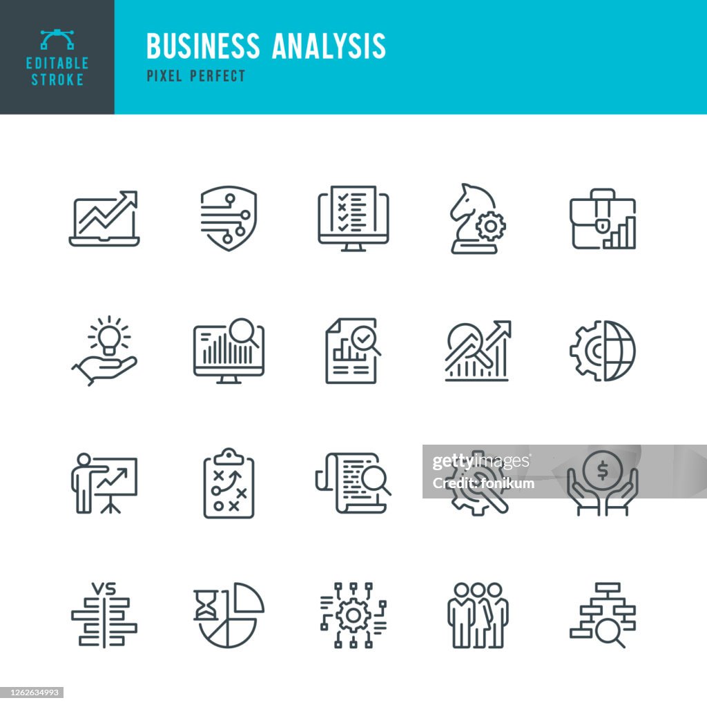 Business Analysis - thin line vector pictogram set. Pixel perfect. Bewerkbare lijn. De set bevat iconen: Business Strategy, Big Data, Solution, Briefcase, Research, Data Mining, Accountancy.