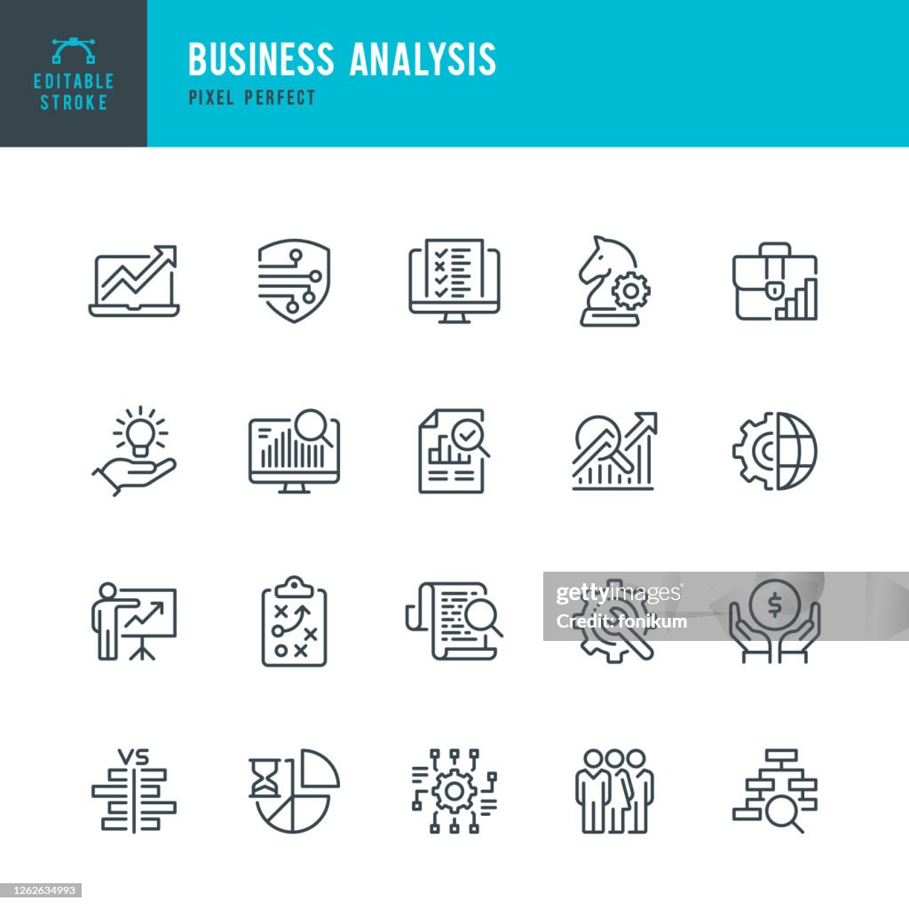 Análise de negócios - conjunto de ícones vetoriais de linha fina. Pixel perfeito. Golpe editável. O conjunto contém ícones: Estratégia de Negócios, Big Data, Solução, Pasta, Pesquisa, Mineração de Dados, Contabilidade.