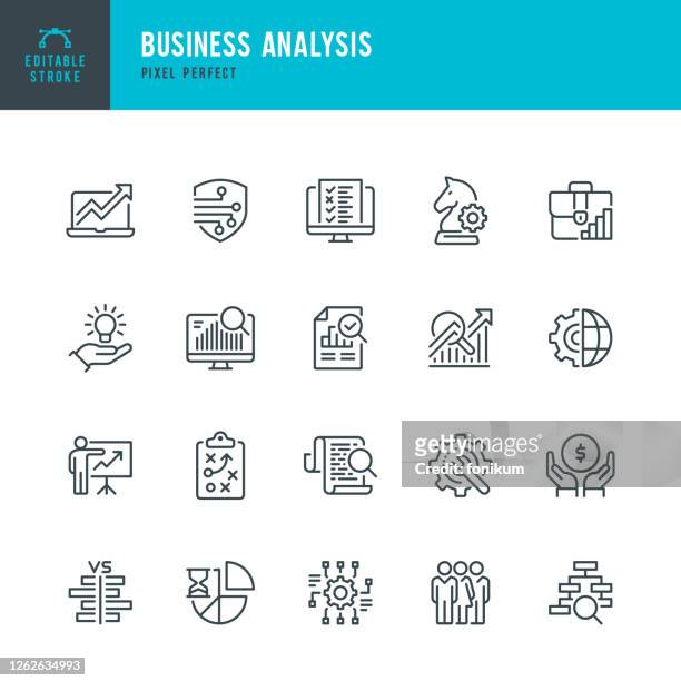 business analysis - thin line vector icon set. pixel perfect. editable stroke. the set contains icons: business strategy, big data, solution, briefcase, research, data mining, accountancy. - finance and economy stock illustrations