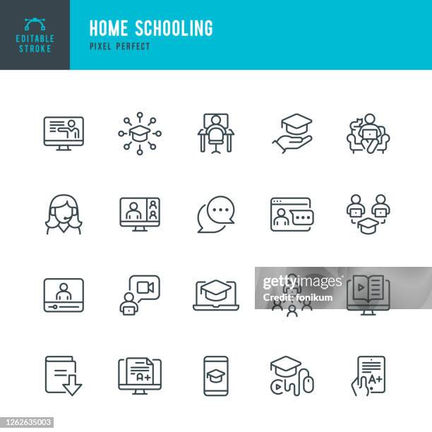 ilustraciones, imágenes clip art, dibujos animados e iconos de stock de home schooling - conjunto de iconos vectoriales de línea delgada. pixel perfecto. trazo editable. el conjunto contiene iconos: e-learning, tareas, home schooling, educación, graduación, webinar. - education technology