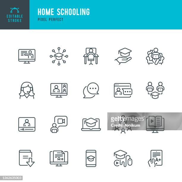home schooling - thin line vector icon set. pixel perfect. editable stroke. the set contains icons: e-learning, homework, home schooling, education, graduation, webinar. - learning stock illustrations