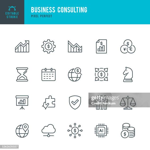 ilustraciones, imágenes clip art, dibujos animados e iconos de stock de business consulting - conjunto de iconos vectoriales de línea delgada. pixel perfecto. trazo editable. el conjunto contiene iconos: estrategia de negocio, diagrama, informe financiero, inteligencia artificial, grupo de personas, proceso financiero. - paralelo