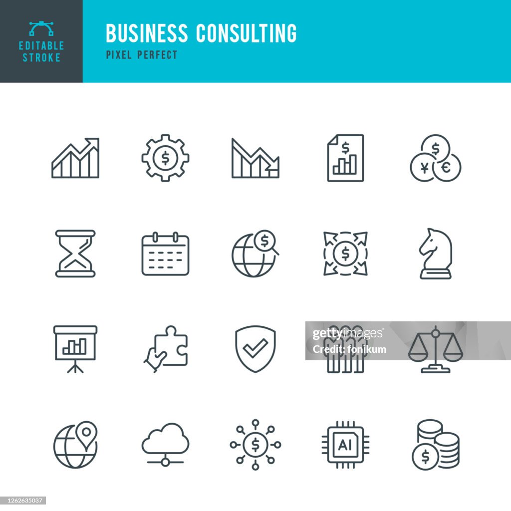 Business Consulting - jeu d’icônes vectorielles à ligne mince. Pixel parfait. Trait modifiable. L’ensemble contient des icônes : Stratégie d’entreprise, Diagramme, Rapport financier, Intelligence Artificielle, Groupe de Personnes, Processus finan