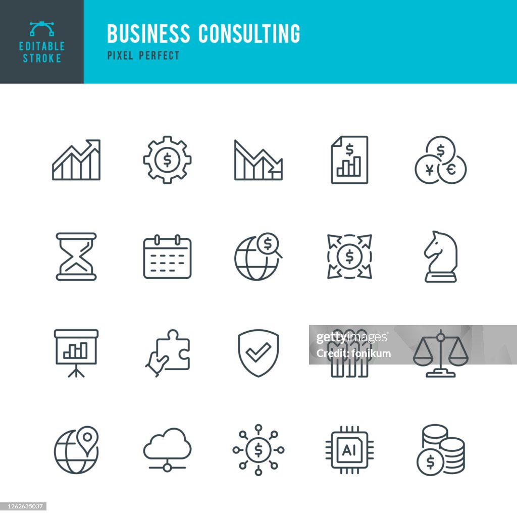 Business Consulting - thin line vector icon set. Pixel perfect. Editable stroke. The set contains icons: Business Strategy, Diagram, Financial Report, Artificial Intelligence, Group Of People, Financial Process.