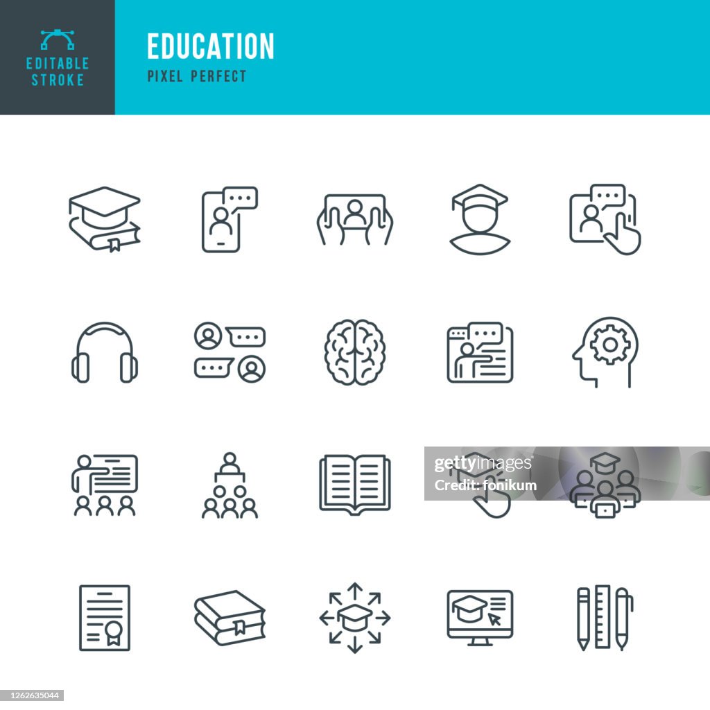 EDUCATION - Dünnlinien-Vektor-Symbol-Set. Pixel perfekt. Bearbeitbarer Strich. Das Set enthält Symbole: E-Learning, Bildung, Home Schooling, Klassenzimmer, Diplom, Social Distancing, Web Conference.