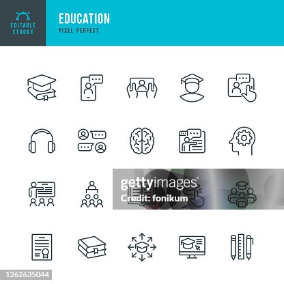 EDUCATION - thin line vector icon set. Pixel perfect. Bewerkbare lijn. De set bevat pictogrammen: E-Learning, Onderwijs, Home Schooling, Classroom, Diploma, Social Distancing, Web Conference. EDUCATION - thin line vector icon set. Pixel perfect. Bewerkbare lijn. De set bevat pictogrammen: E-Learning, Onderwijs, Home Schooling, Classroom, Diploma, Social Distancing, Web Conference.