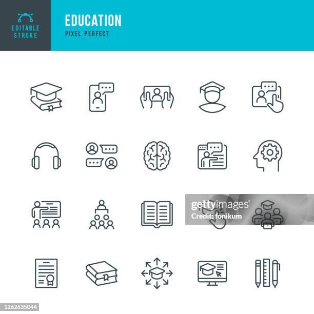 bildbanksillustrationer, clip art samt tecknat material och ikoner med utbildning - tunn linje vektor ikonuppsättning. pixel perfekt. redigerbar linje. uppsättningen innehåller ikoner: e-learning, education, home schooling, classroom, diploma, social distancing, web conference. - utbildningsbyggnad