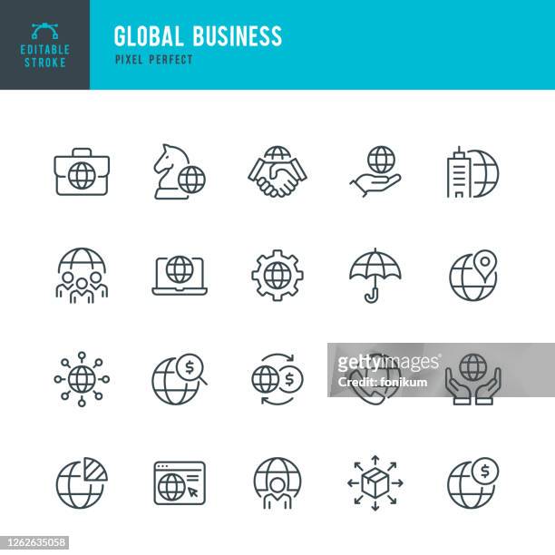 global business - thin line vector icon set. pixel perfect. editable stroke. the set contains icons: global business, partnership, headquarters, business strategy, logistic, worldwide payments. - organised group stock illustrations