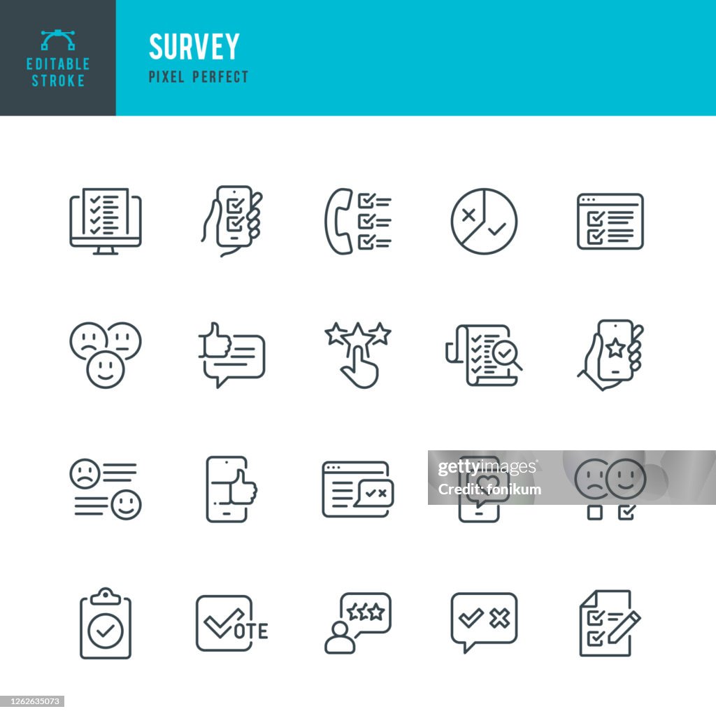 SURVEY - Dünnlinien-Vektor-Symbol gesetzt. Pixel perfekt. Bearbeitbarer Strich. Das Set enthält Symbole: Fragebogen, Umfrage, Feedback, Bewertung, Kundenzufriedenheit, Prüfung, Abstimmung.