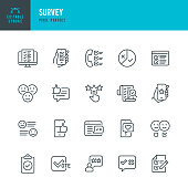 SURVEY - thin line vector icon set. Pixel perfect. Editable stroke. The set contains icons: Questionnaire, Survey, Feedback, Rating, Customer Satisfaction,  Examining, Voting.
