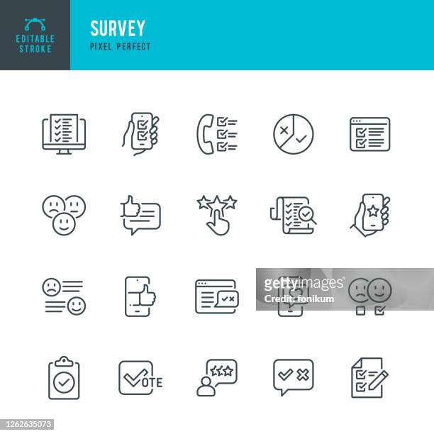 survey - thin line vector icon set. pixel perfect. editable stroke. the set contains icons: questionnaire, survey, feedback, rating, customer satisfaction,  examining, voting. - customer engagement icon stock illustrations