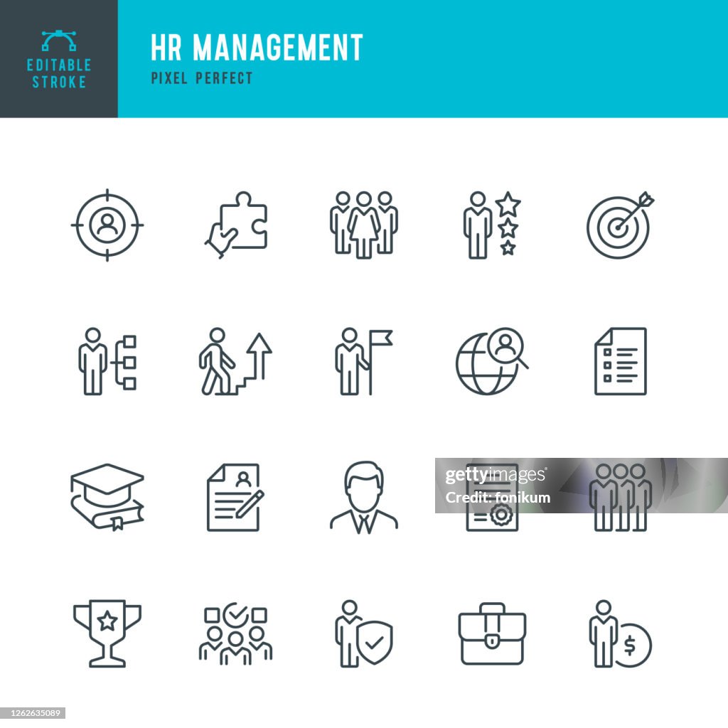 HR Management - Dünnlinien-Vektor-Symbol-Set. Pixel perfekt. Bearbeitbarer Strich. Das Set enthält Symbole: Personal, Karriere, Rekrutierung, Geschäftsmann, Gruppe von Menschen, Teamarbeit, Geschicklichkeit, Kandidat.