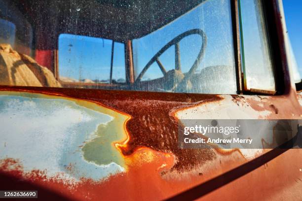 old, rusty abandoned truck, mining vehicle in desert, white cliffs, australia - country town australia stock pictures, royalty-free photos & images