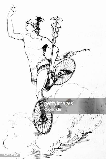 ancient god is dancing with wheels on a cloud - hermes greek god stock illustrations