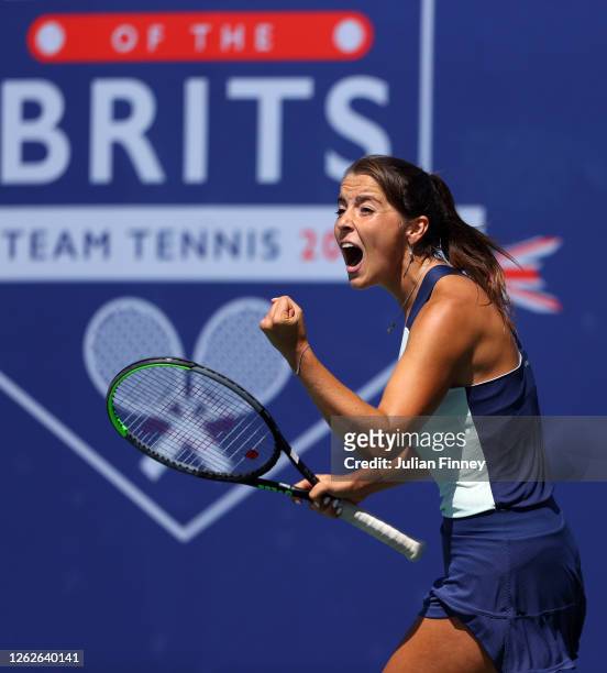 Jodie Burrage of Union Jacks celebrates winning her match against Harriet Dart of British Bulldogs during day four of the St. James's Place Battle Of...