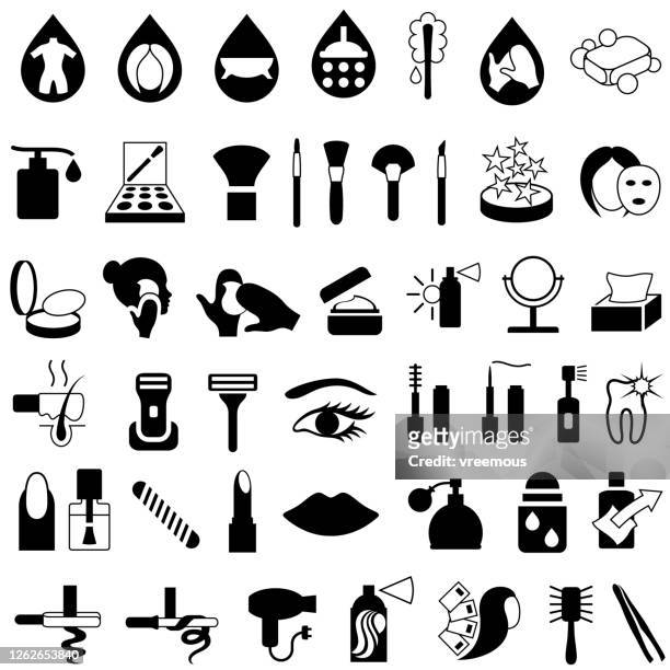 kosmetik-, make-up- und beauty-produkte icons - puderdose stock-grafiken, -clipart, -cartoons und -symbole