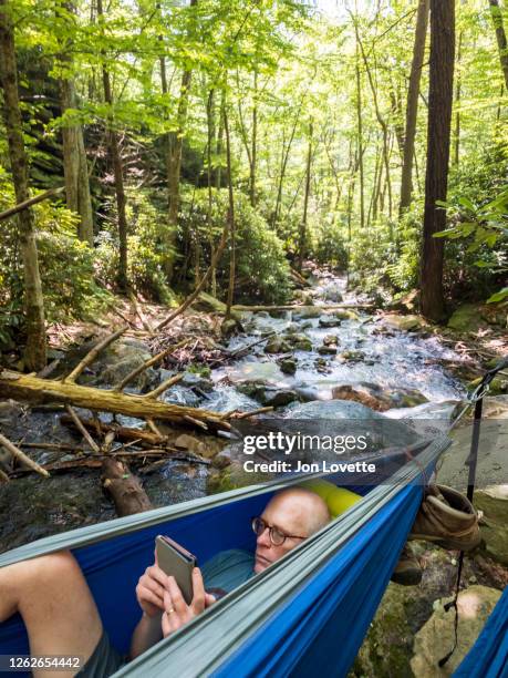 man reading electronic book in hammock over stream in forest - jim thorpe pennsylvania stock pictures, royalty-free photos & images