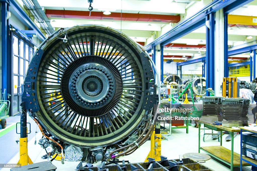 Jet Engine in Maintenance Hangar. Full overhaul of Jet Turbine