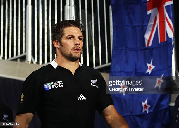 Richie McCaw, captain of the All Blacks walks out for his 100th test match during the IRB 2011 Rugby World Cup Pool A match between New Zealand and...