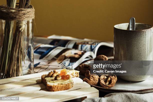 tasty breakfast on table in morning - magazine spread stock pictures, royalty-free photos & images