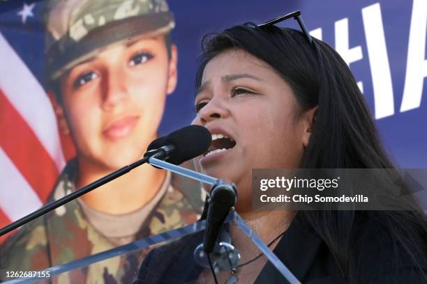 Army Private First Class Vanessa Guillen's sister Lupe Guillen addresses supporters and calls for justice in Vanessa's death during a rally on the...