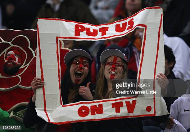 Fans enjoy the atmosphere ahead of the IRB 2011 Rugby World Cup Pool B match between England and Romania at Otago Stadium on September 24, 2011 in...