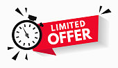 Last minute limited offer with clock for sale promo, button, logo or banner or red background. Hurry up sale label with time countdown for limited offer sale or exclusive deal. Special offer badge V2