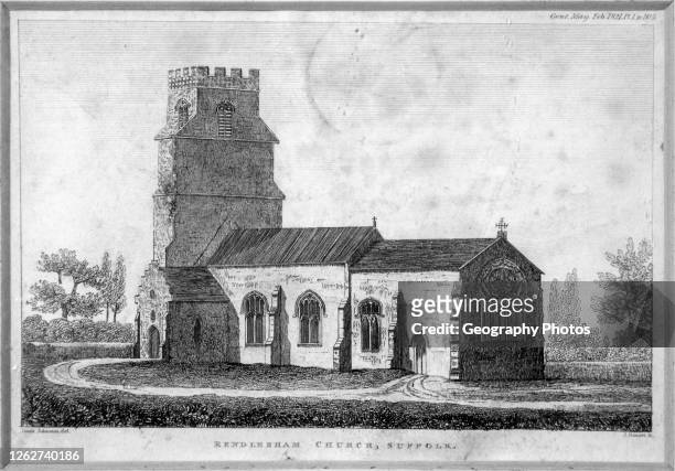 Old engraving of village parish church Rendlesham, Suffolk, England, UK 1821.