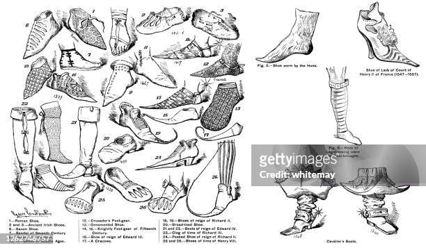 footwear through the ages - medieval shoes stock illustrations