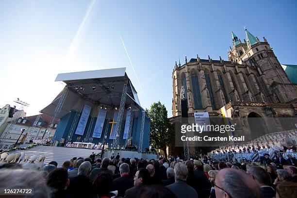 Pope Benedict XVI leads a morning mass at Domplatz square in front of the Erfurter Dom cathedral on September 24, 2011 in Erfurt, Germany. The Pope...