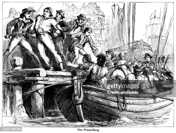 ilustrações, clipart, desenhos animados e ícones de gangue da marinha do século xix forçando vítimas a um barco de remo - quayside
