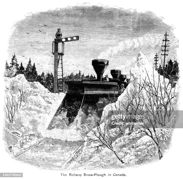 nineteenth century snow plough on a steam engine travelling in canada - snowplow stock illustrations