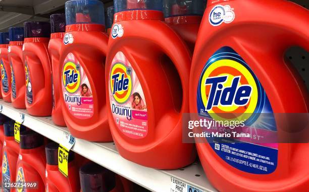 Bottles of Tide detergent, a Procter & Gamble product, are displayed for sale in a pharmacy on July 30, 2020 in Los Angeles, California. Procter &...