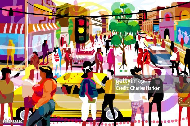Busy shopping street illustration in artistic style
