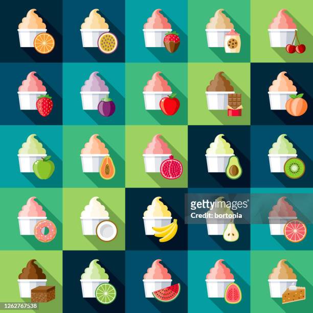 ilustraciones, imágenes clip art, dibujos animados e iconos de stock de conjunto de iconos de sabores de helado - brownie