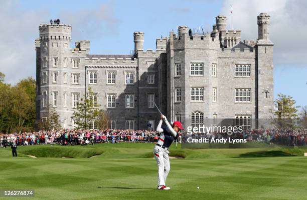 Cristie Kerr of the USA hits her approach shot to the 18th green during the morning foursomes on day two of the 2011 Solheim Cup at Killeen Castle...