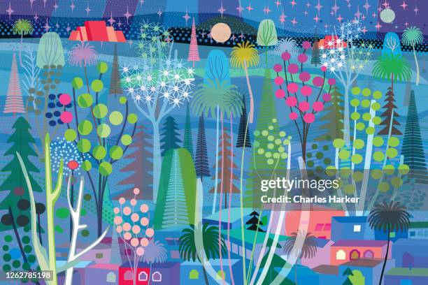 blue forest scene at night illustration - prodotto d'arte e artigianato foto e immagini stock