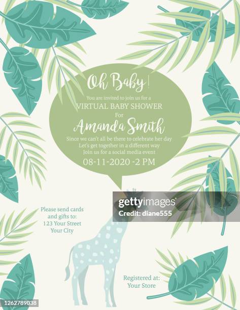 ilustrações de stock, clip art, desenhos animados e ícones de cute giraffe jungle animals baby shower invitation - chá de bebé